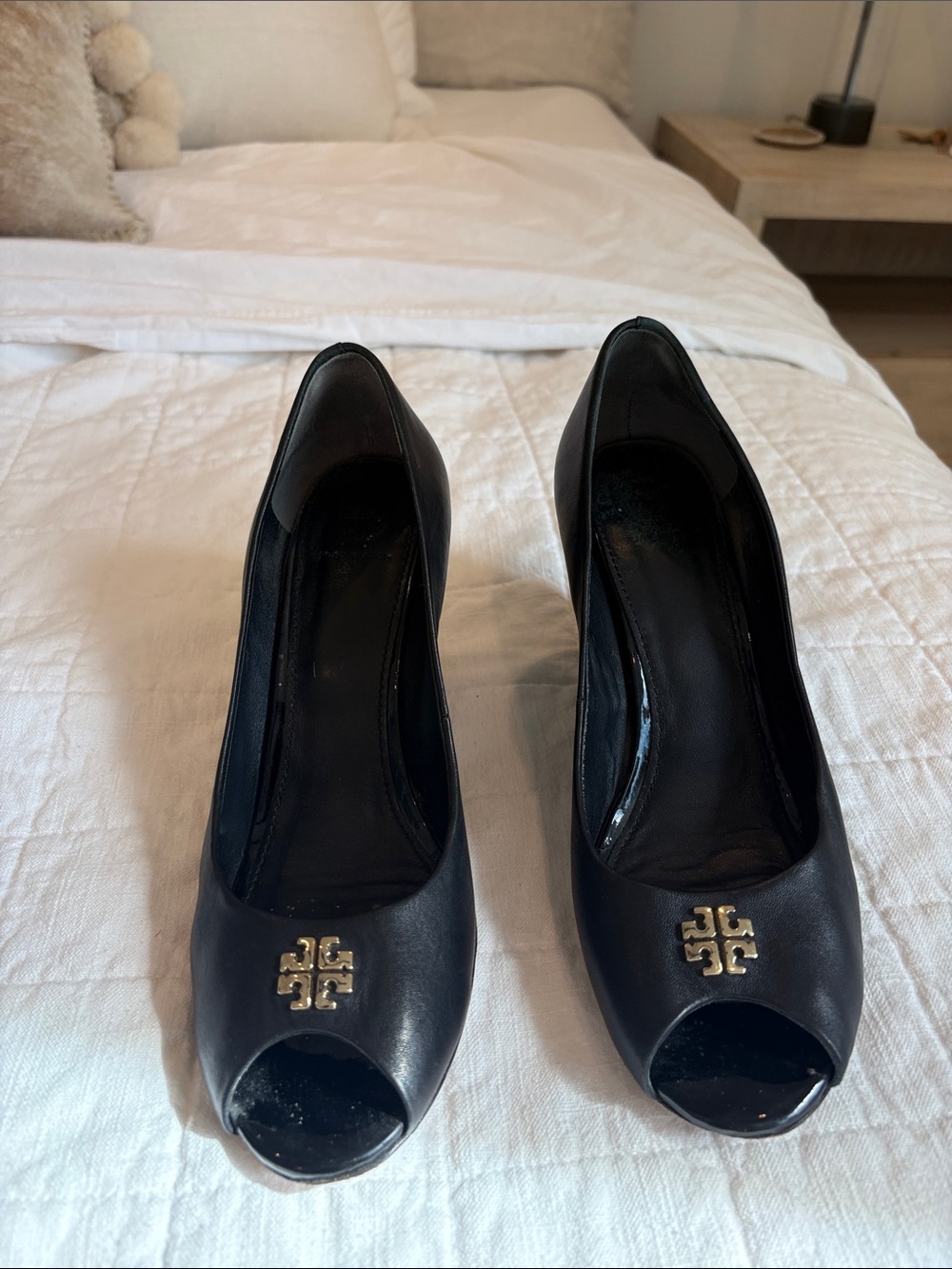 Tory Burch Black Peep-Toe Leather Pumps with Gold Logo